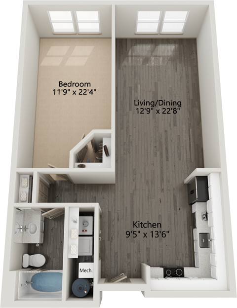 Floor plan for 1 bed, 1 bath, 893 sqft